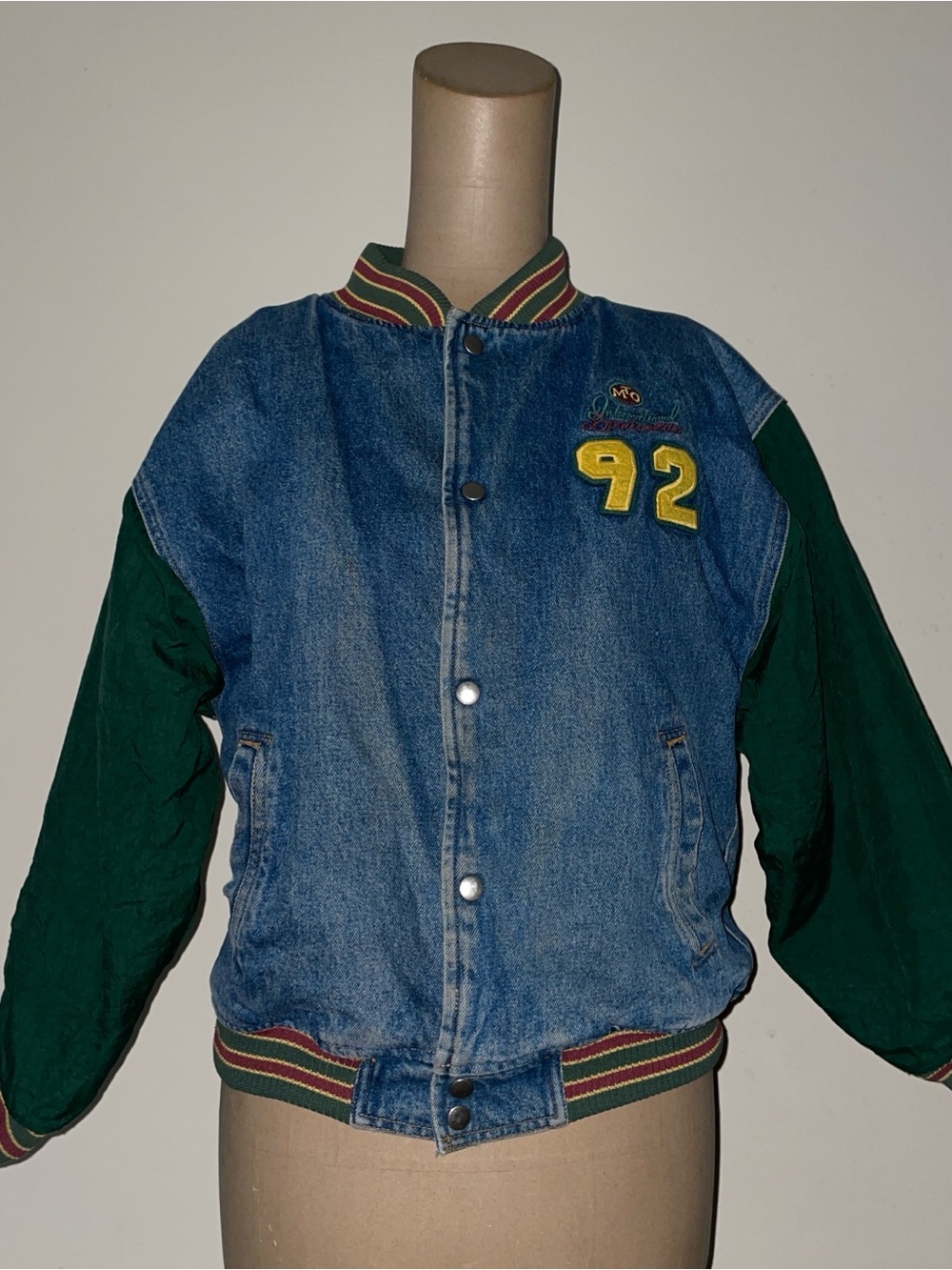 Denim Bomber Jacket with Green Sleeves VNTGE